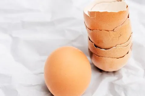 Stacked eggshells and a whole egg on a textured surface, copy space. Foto stock