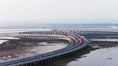 Stacked Elevated Expressway Interchange Crossing Low Tide Coastal Mudflat Видео 347823049