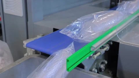 Stacked empty polypropylene cups on conveyor belt of plastic cup making machine Stock Footage 285348631