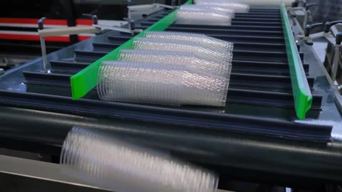 Stacked empty polypropylene cups on conveyor belt of plastic cup making machine Stock Footage 289240610