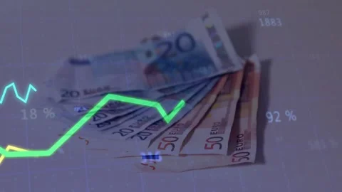 Stacked euro notes sharpening while overlay sweeping from left and graphs Video stock 329908619