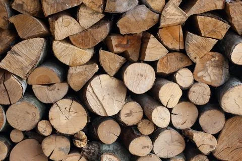 Stacked Firewood and Split Logs Texture Foto stock