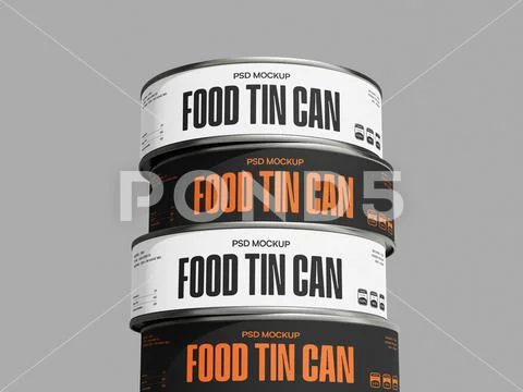 Stacked Flat Food Tin Cans Mockup with Ring-Pull Lids on Gray Background PSD Template