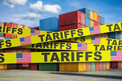 Stacked freight containers wrapped with US import tariff tape Stock Photos