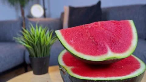 Stacked Fresh Watermelon Halves on Table for Summer Lifestyle Stock Footage 317751135