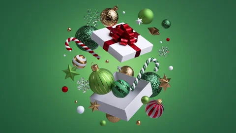 Stacked gift platforms eject decorations that swirl Stock Footage 318421114