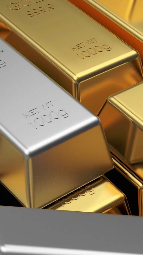 Stacked gold and silver bars in 3D animation. Stock Footage 341790470