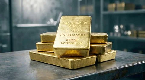 Stacked gold bars on a reflective surface in a dark setting 写真素材