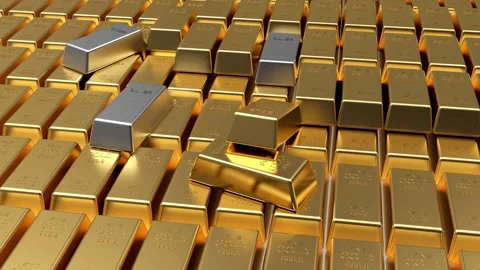 Stacked gold bars with silver bars and moving on a reflective surface Видео 334949922