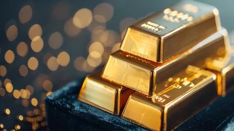 Stacked gold bars on a soft surface with sparkling bokeh in the background, r Foto stock