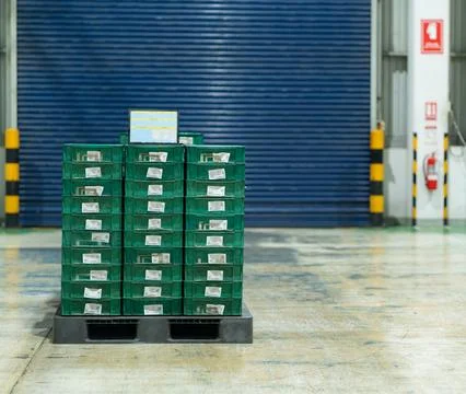 Stacked Green Plastic Containers on a Pallet in an Industrial Warehouse Stock Photos