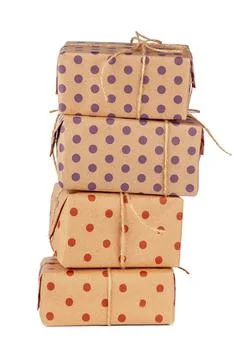 Stacked group of gift boxes isolated on white background Stock Photos