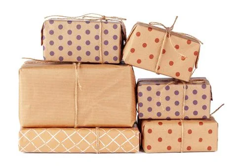 Stacked group of gift boxes isolated on white background Foto stock