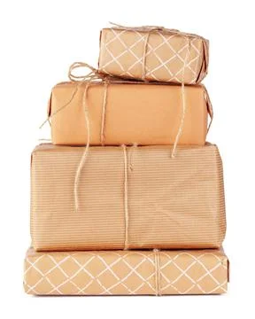 Stacked group of gift boxes isolated on white background Foto stock
