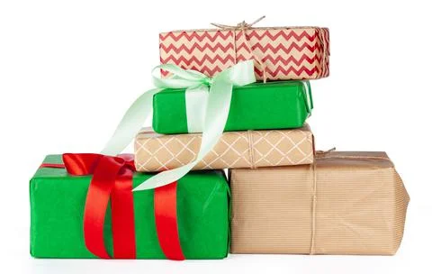Stacked group of gift boxes isolated on white background Foto stock