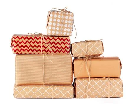 Stacked group of gift boxes isolated on white background Foto stock