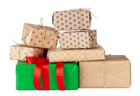 Stacked group of gift boxes isolated on white background Foto stock