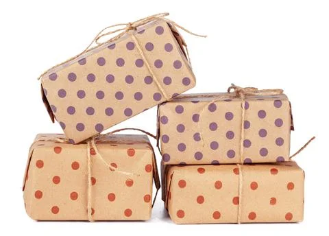 Stacked group of gift boxes isolated on white background Foto stock