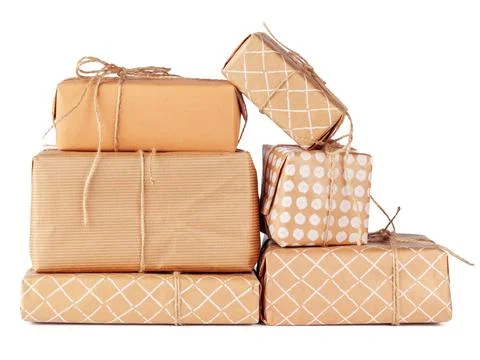 Stacked group of gift boxes isolated on white background Foto stock
