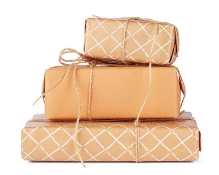 Stacked group of gift boxes isolated on white background Foto stock