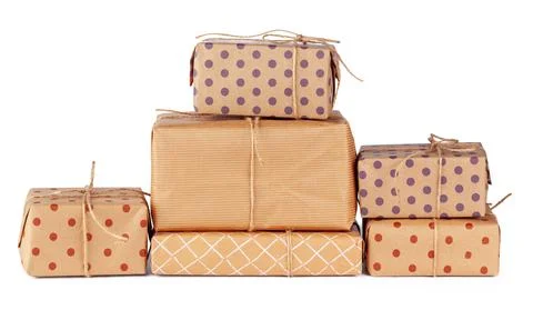 Stacked group of gift boxes isolated on white background Foto stock