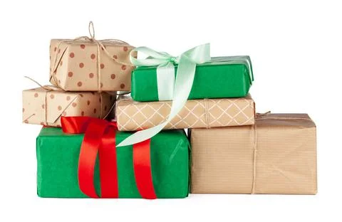 Stacked group of gift boxes isolated on white background Foto stock