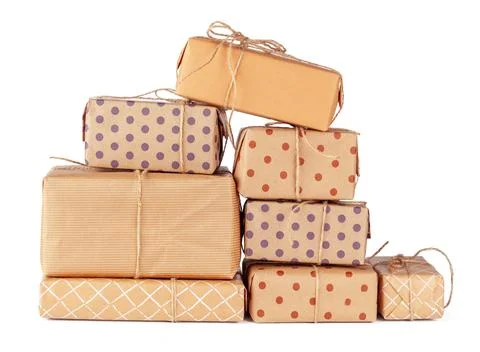 Stacked group of gift boxes isolated on white background Stock Photos