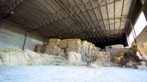 Stacked hay bales inside a large agricultural warehouse Stock Footage 340519945