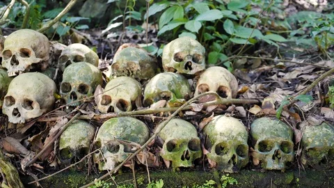 Stacked up human skulls in forest on Skull Island, traditional Trunyan burial Stock Footage 140273775