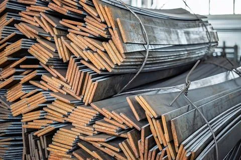 Stacked metal blanks await processing in an industrial workshop, highlighting Photos