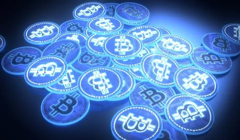 Stacked Neon Cryptocurrency Bitcoins - 3D illustration Stock Illustration