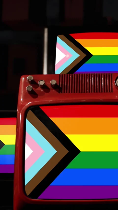 Stacked Old TVs Displaying Progress Pride Flag Simultaneously, 4K Vertical Stock Footage 300788070