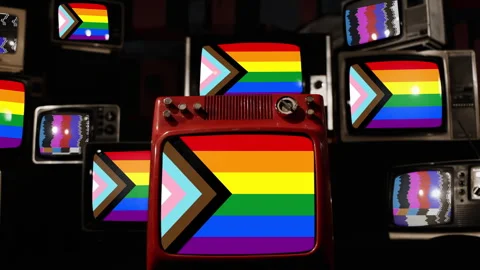 Stacked Old TVs Displaying Progress Pride Flag Simultaneously, 4K Stock Footage 300788262