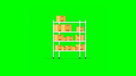 Stacked Packaging Boxes Arranged on White Shelf on Green Background Vídeo Stock 333243979