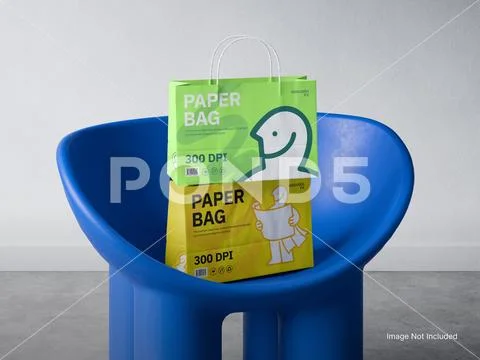Stacked Paper Bag Mockup 3D Rendering on a Blue Chair PSD Template