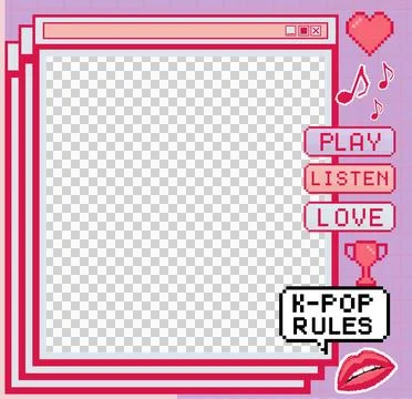 Stacked pixel windows are floating on transparent grid with K-POP icons and Stock Illustration