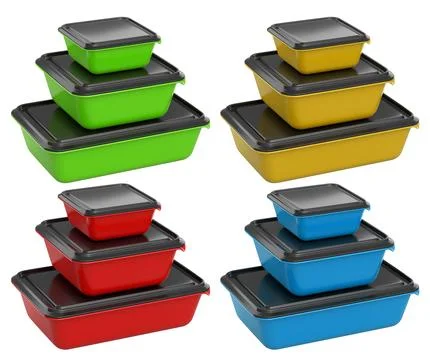 Stacked plastic food storage containers with black lids, isolated on white .. Stock Illustration