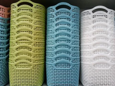 Stacked Plastic Storage Baskets with Handles for Home Sorting Stock Photos