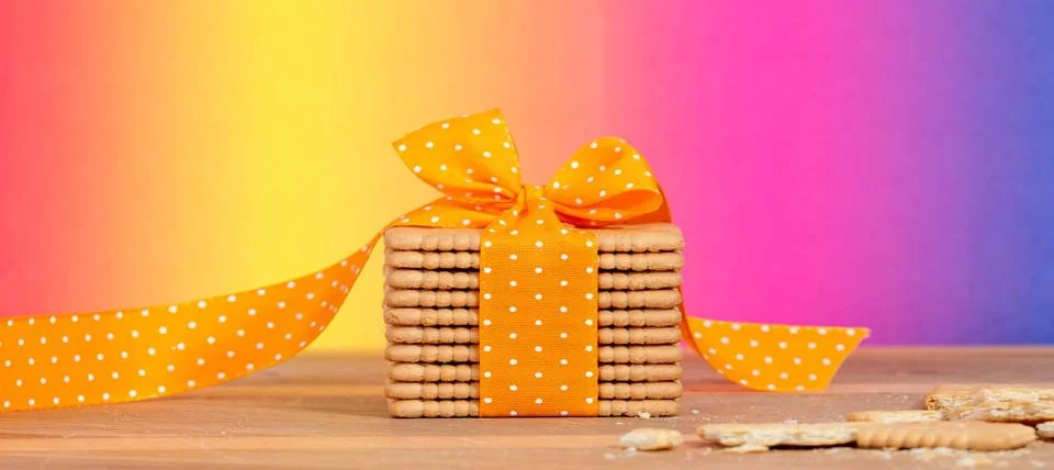Stacked rectangular Cookies tied with a dotted orange christmas / Birthday... Stock Photos