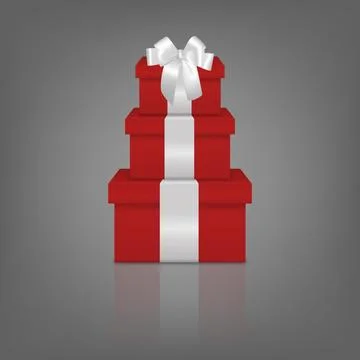 Stacked Red Gift Boxes with White Ribbon. Luxury 3D Present Box Tower for Stock Illustration