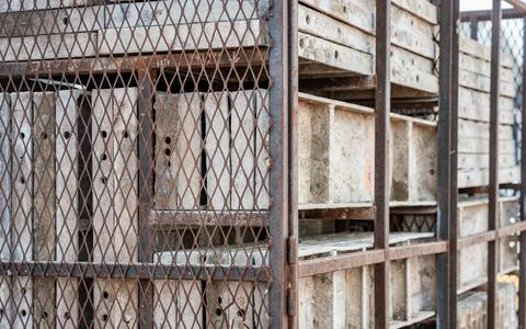 Stacked removable concrete forms for a basement at a residential home Stock Photos