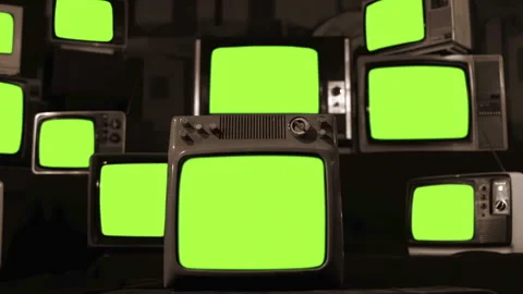 Stacked Retro TVs Simultaneously Power Off Their Green Screens, Sepia Tone, 4K Stock Footage 300702945
