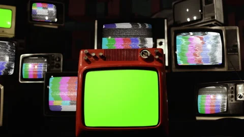 Stacked Retro TVs Turning On With Static Noise To Green Screens - 4K Stock Footage 339204207