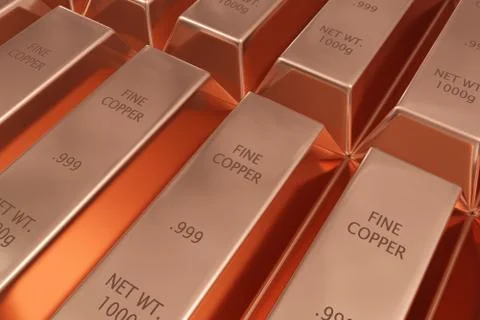 Stacked rows of shiny copper ingots or bars background - essential electronic Ilustración de archivo