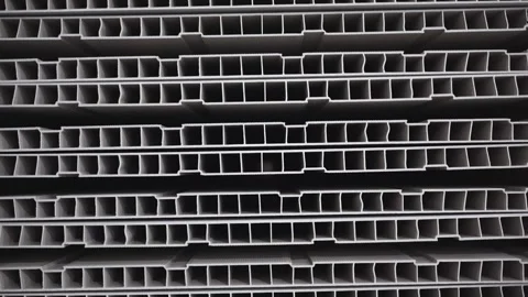 Stacked sheets of PVC profile inner structure in storehouse Video stock 304392166