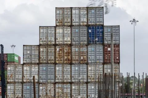 Stacked shipping containers at a logistics yard near the Panama Canal Photos