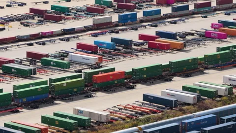 Stacked Shipping Containers at Union Pacific Rail Terminal Stock Footage 336692284