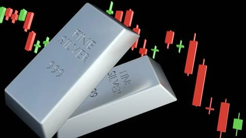 Stacked silver bars on a dark background with a red and green candlestick chart. Stock Illustration