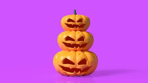 Stacked Spooky Jack O Lantern Pumpkins on Vibrant Pink Background 3d render. Stock Photos