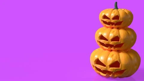 Stacked Spooky Jack O Lantern Pumpkins on Vibrant Pink Background 3d render. Stock Photos